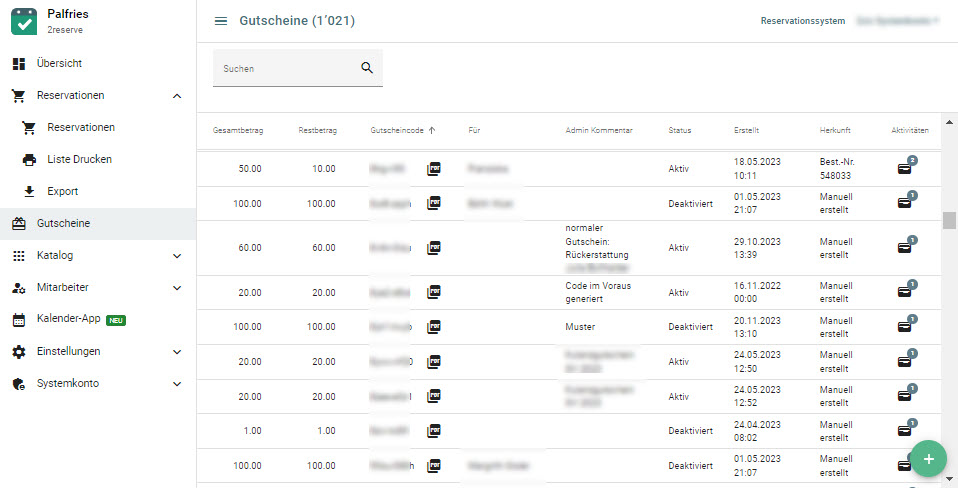 Verwaltung der Gutscheine