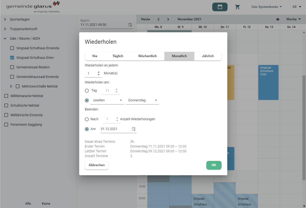 Raum Verfügbarkeit prüfen und Reservationen wiederholen