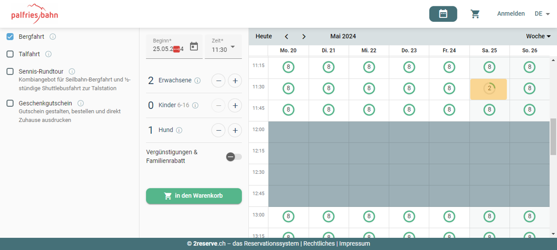 Darstellung der Belegung während des Buchungsprozess