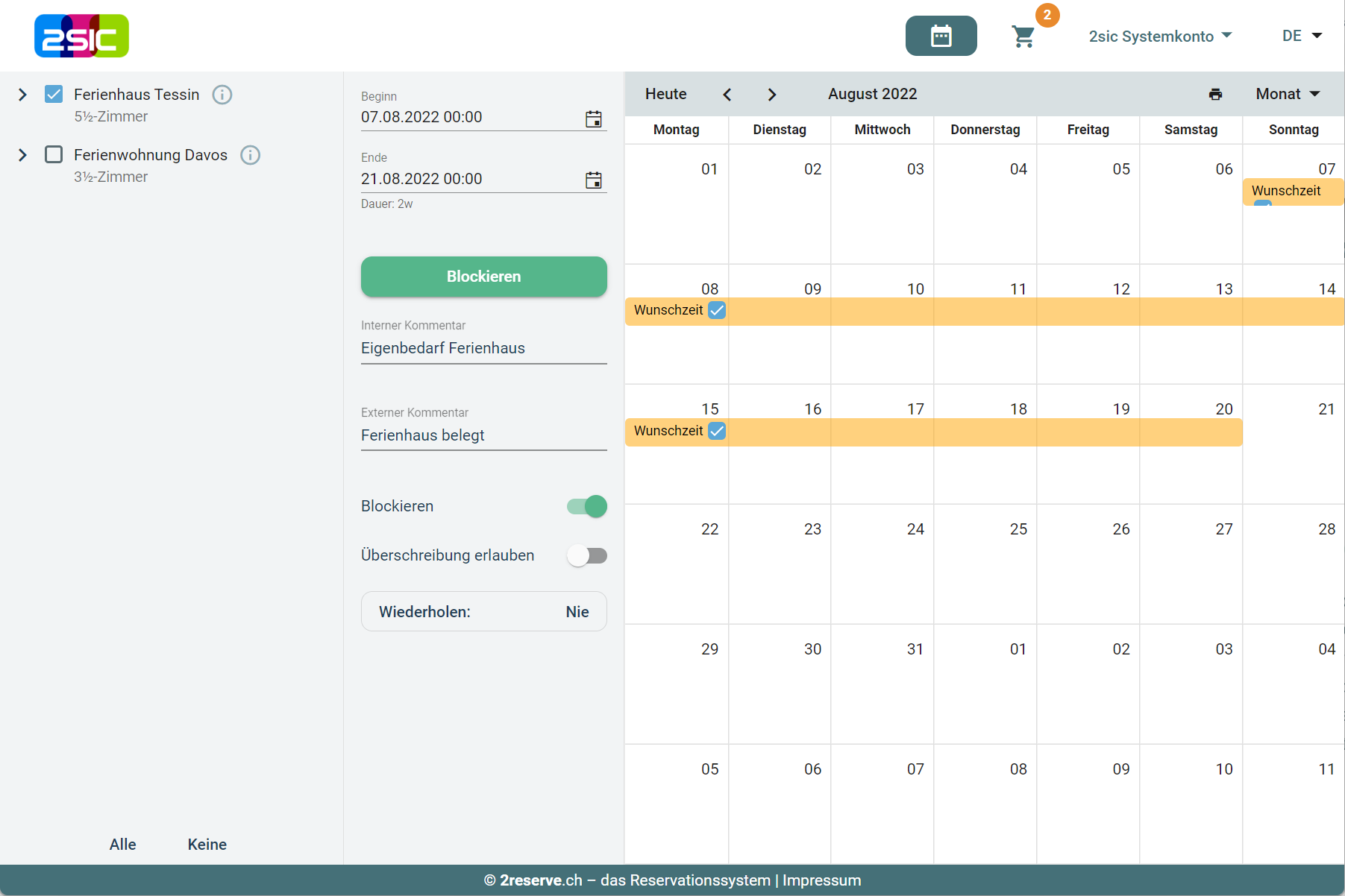 Terminblocker für Eigenbedarf einrichten